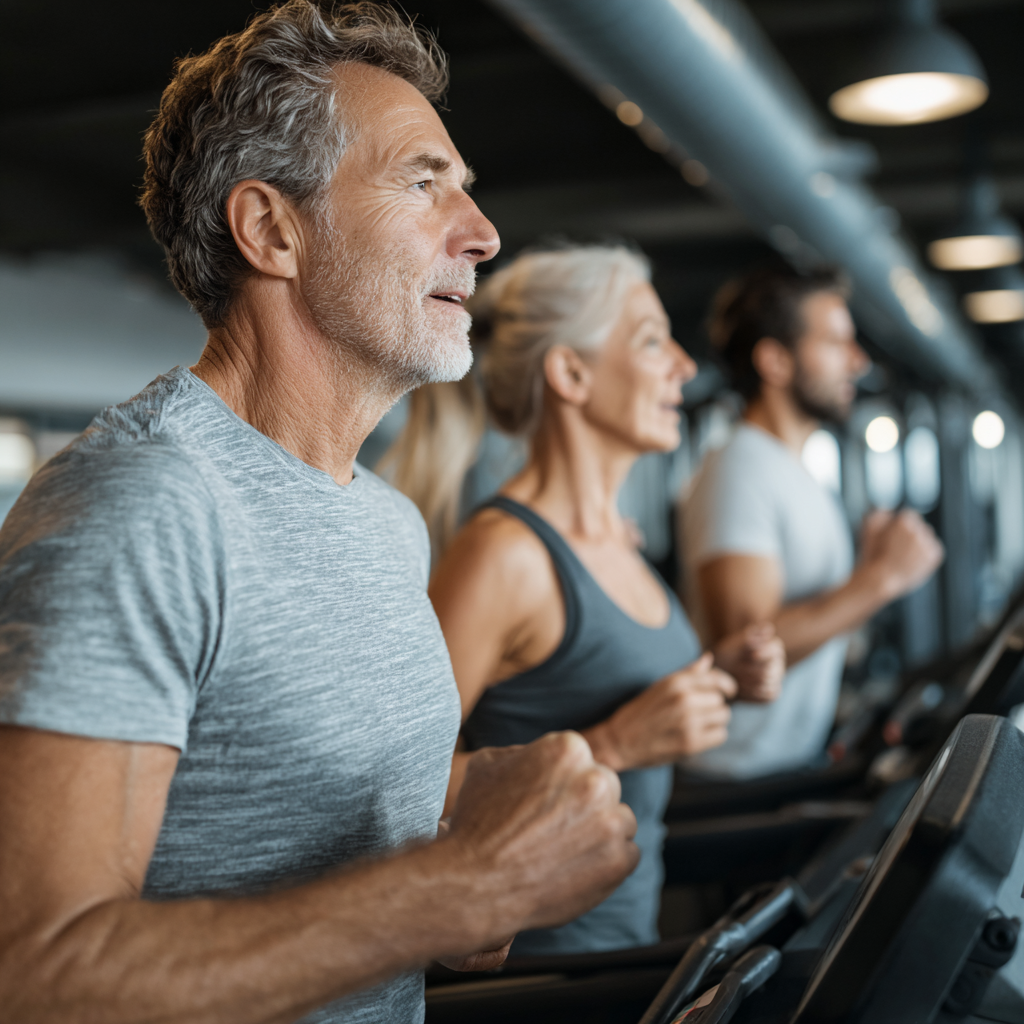 mature adults exercising with focus and determination in modern fitness environment
