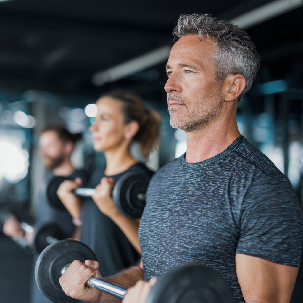 professional fitness trainers working with middle aged clients in modern gym setting